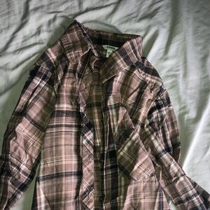 brown and pink button up flannel